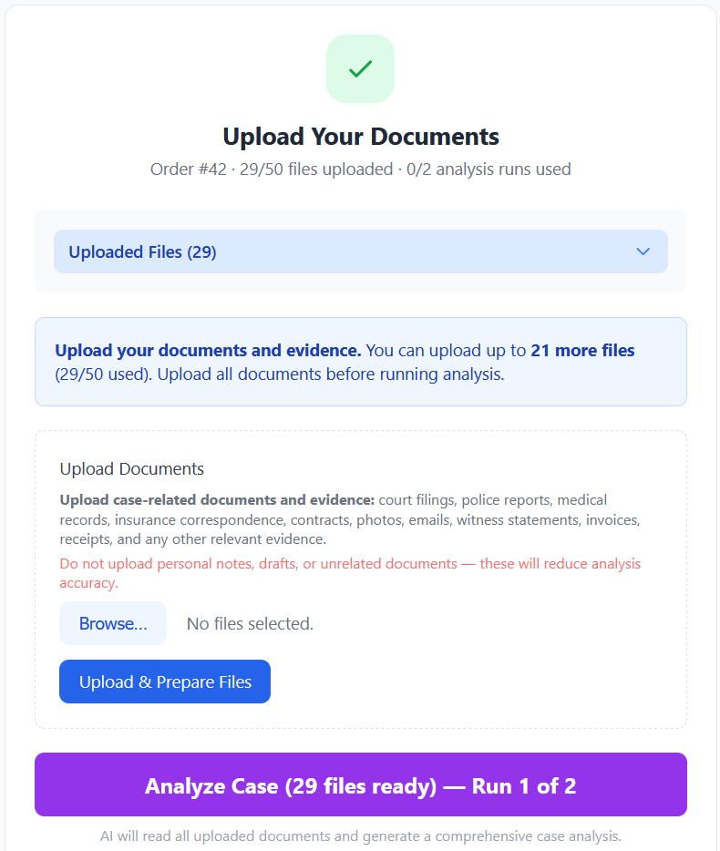 Upload documents screen showing 29 files ready for analysis